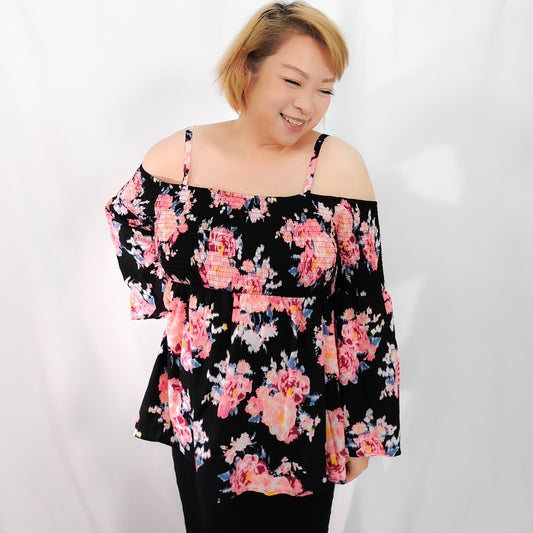 Midnight Blooms Cold Shoulder Top with Smocking