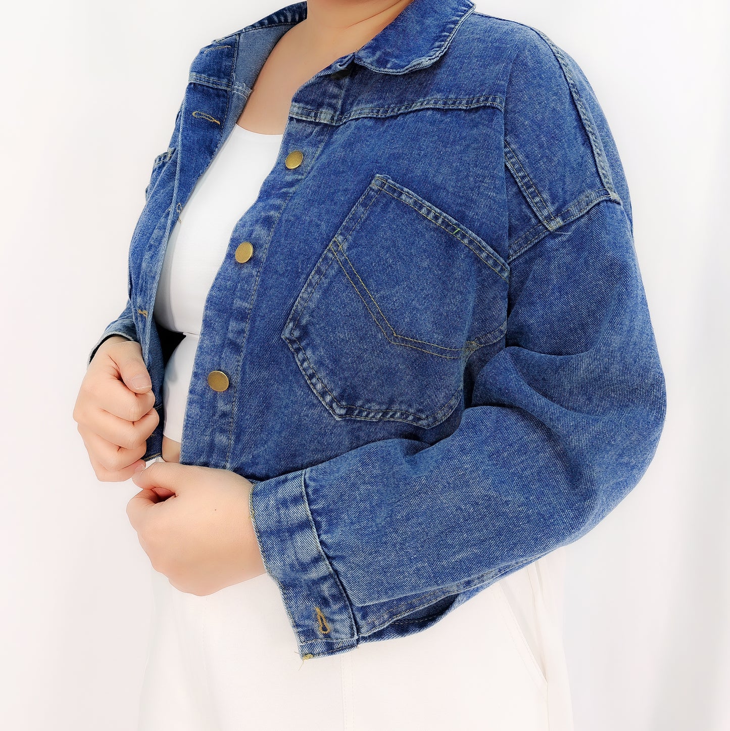 Medium Blue Denim Crop Jacket with Pearl Embellishments