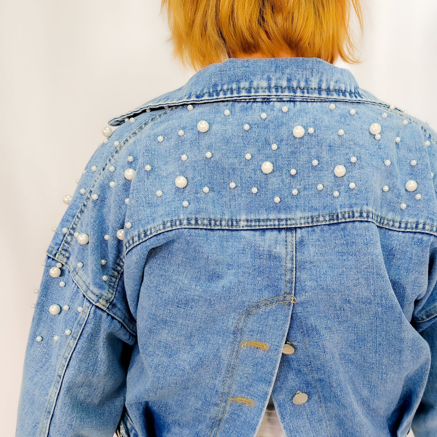 Light Denim Crop Jacket with Pearl Embellishments